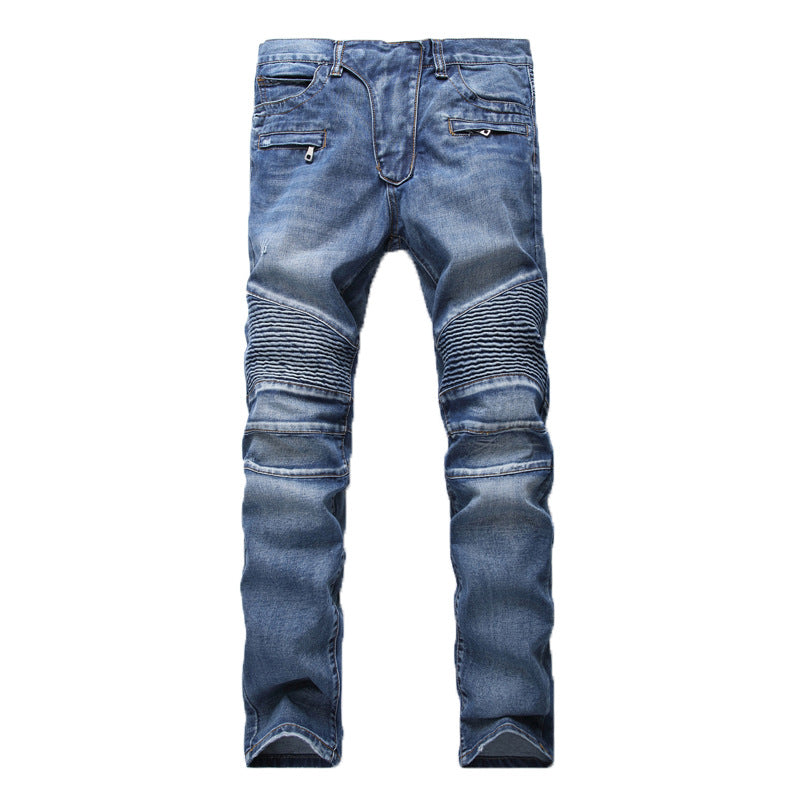 Men's Pleated Slim Fit Biker Jeans Slim Fit Skinny Pants Biker Jeans Stretch Jeans Pocket Zipper