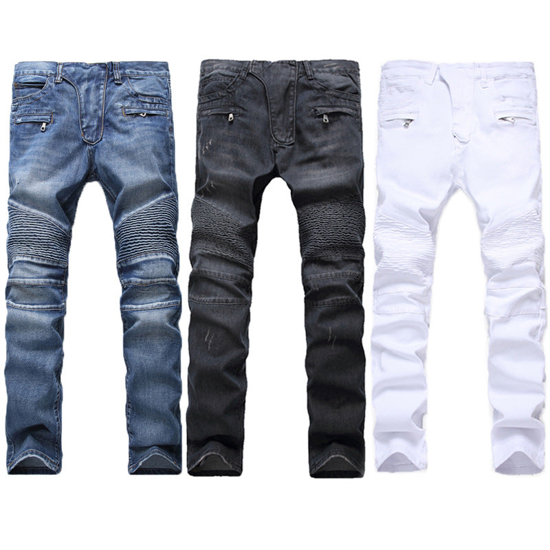 Men's Pleated Slim Fit Biker Jeans Slim Fit Skinny Pants Biker Jeans Stretch Jeans Pocket Zipper