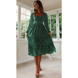 Red Peasant Dress Square Collar Puff Sleeve Floral Dress