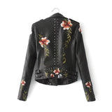 Studded Jackets Autumn Flower Embroidered Rivets Zipper PU Leather Coat