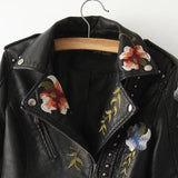 Studded Jackets Autumn Flower Embroidered Rivets Zipper PU Leather Coat