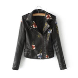 Studded Jackets Autumn Flower Embroidered Rivets Zipper PU Leather Coat