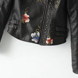 Studded Jackets Autumn Flower Embroidered Rivets Zipper PU Leather Coat