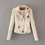 Studded Jackets Autumn Flower Embroidered Rivets Zipper PU Leather Coat