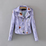Studded Jackets Autumn Flower Embroidered Rivets Zipper PU Leather Coat