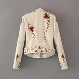 Studded Jackets Autumn Flower Embroidered Rivets Zipper PU Leather Coat