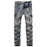 Men Distressed Jeans Man Ripped Jean Destructed Denim Pants Men'S Zipper Ripped Jeans Plus Size Elastic Straight Slim-Fit Pants Biker Jeans