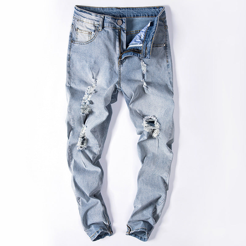Distressed Jeans Kanye Ripped Jeans Men's Jeans Zipper Stretch Slim Fit