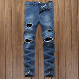 Distressed Jeans Destrued Jean Kanye Men's Street Zipper Skinny Pants Slim Stretch Jeans Ripped Pants