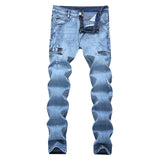 Men Distressed Jeans Man Ripped Jean Destructed Denim Pants Men'S Zipper Ripped Jeans Plus Size Elastic Straight Slim-Fit Pants Biker Jeans