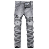 Men Distressed Jeans Man Ripped Jean Destructed Denim Pants Men'S Zipper Ripped Jeans Plus Size Elastic Straight Slim-Fit Pants Biker Jeans