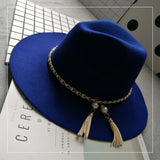 Cam Newton Hats British Style Vintage Tassel Pearl Chain Woolen Felt Hat Wide Brim Top Hat