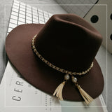 Cam Newton Hats British Style Vintage Tassel Pearl Chain Woolen Felt Hat Wide Brim Top Hat