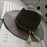 Cam Newton Hats British Style Vintage Tassel Pearl Chain Woolen Felt Hat Wide Brim Top Hat