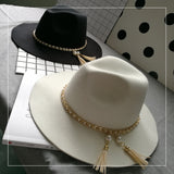 Cam Newton Hats British Style Vintage Tassel Pearl Chain Woolen Felt Hat Wide Brim Top Hat