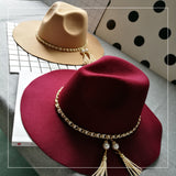 Cam Newton Hats British Style Vintage Tassel Pearl Chain Woolen Felt Hat Wide Brim Top Hat