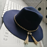 Cam Newton Hats British Style Vintage Tassel Pearl Chain Woolen Felt Hat Wide Brim Top Hat