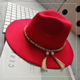Cam Newton Hats British Style Vintage Tassel Pearl Chain Woolen Felt Hat Wide Brim Top Hat