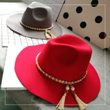Cam Newton Hats British Style Vintage Tassel Pearl Chain Woolen Felt Hat Wide Brim Top Hat