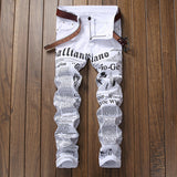 Distressed Jeans Destructed Jean Ripped Pants Men's Personalized Printed Jeans Stretch Slim-Fitting Straight Pants