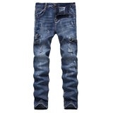 Men Distressed Jeans Man Ripped Jean Destructed Denim Pants Men'S Zipper Ripped Jeans Plus Size Elastic Straight Slim-Fit Pants Biker Jeans