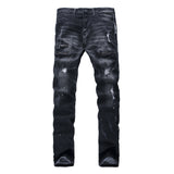 Men Distressed Jeans Man Ripped Jean Destructed Denim Pants Men'S Zipper Ripped Jeans Plus Size Elastic Straight Slim-Fit Pants Biker Jeans