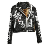 Graffiti PU Leather Jacket Graffiti Printing Rivet Leopard Splicing Short Motorcycle Leather Long Sleeve Punk Rock Jacket