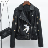 Women Leather Jacket with Patches Embroidered Women's Leather Top Spring and Autumn Clothing Belt PU Leather Jacket