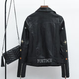 Women Leather Jacket with Patches Embroidered Women's Leather Top Spring and Autumn Clothing Belt PU Leather Jacket