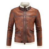 Two Tone Leather Jacket Men's One-Piece Jacket Winter Thickened Stand Collar Men's Leather Jacket