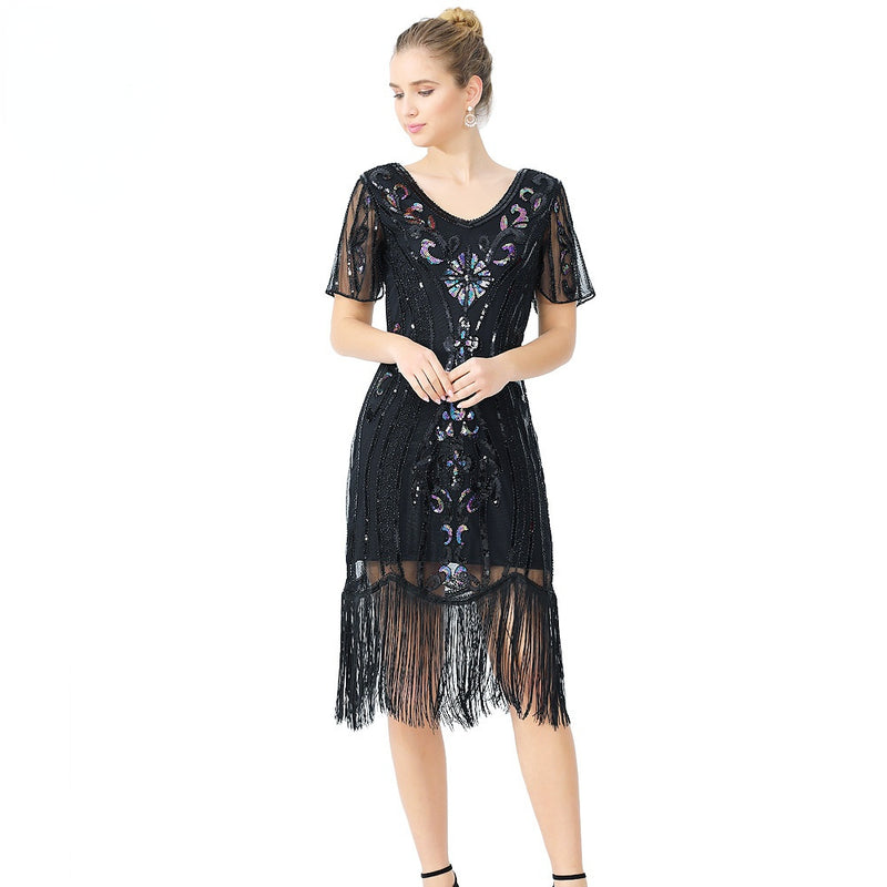 Flapper Dress 1920S Sequined Tassel Dress Vintage Dress V-neck Sequin Dress