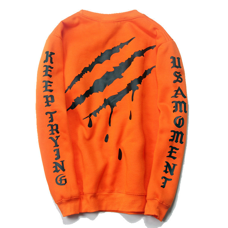 Kanye West Hoodie round Neck Sweater Autumn and Winter Hip Hop Scratch Orange plus Velvet Sweater