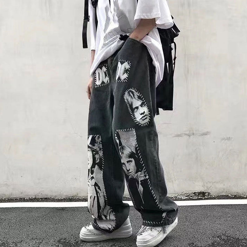 Men's Straight Jeans plus Size Retro Sports Trousers Straight Printed Men Denim Pants