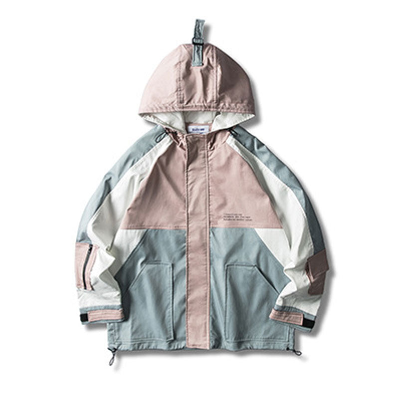 Men's Spring Trendy Contrast Color Stitching Large Size Sports Retro Workwear Hooded Jacket Men's Youth Jacket Men Jacket