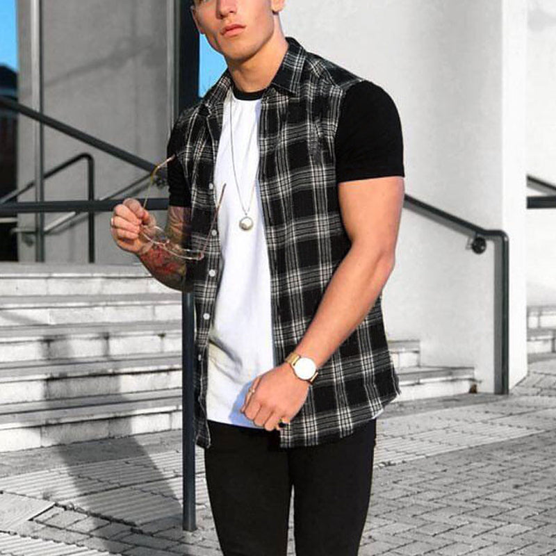 Slim Fit Muscle Gym Men T Shirt Men Rugged Style Workout Tee Tops Polo Shirt Men's Plaid Shirt Trendy Casual Men's Short-Sleeve Lapel T-shirt