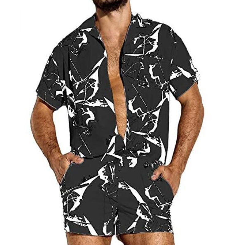 Summer Men's Printed Short-Sleeved Shorts Jumpsuit Large Size Fashion Casual Wear Men Shirt