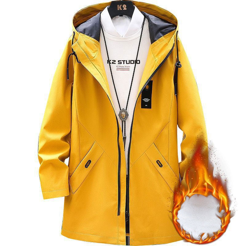 Men's Winter plus Size Cotton-Padded Coat Fleece-Lined Thick Mid-Length Hooded Trench Coat Coat Men Spring Trench Coat