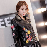Women Leather Jacket with Patches Autumn and Winter Motorcycle Rivet Embroidered Long-Sleeved Jacket Leather Coat