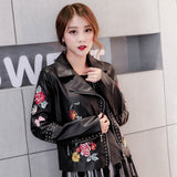 Women Leather Jacket with Patches Autumn and Winter Motorcycle Rivet Embroidered Long-Sleeved Jacket Leather Coat