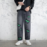 Butterfly Printed Jeans Men's Large Size Retro Sports Trousers Loose Straight Trousers Men Denim Pants