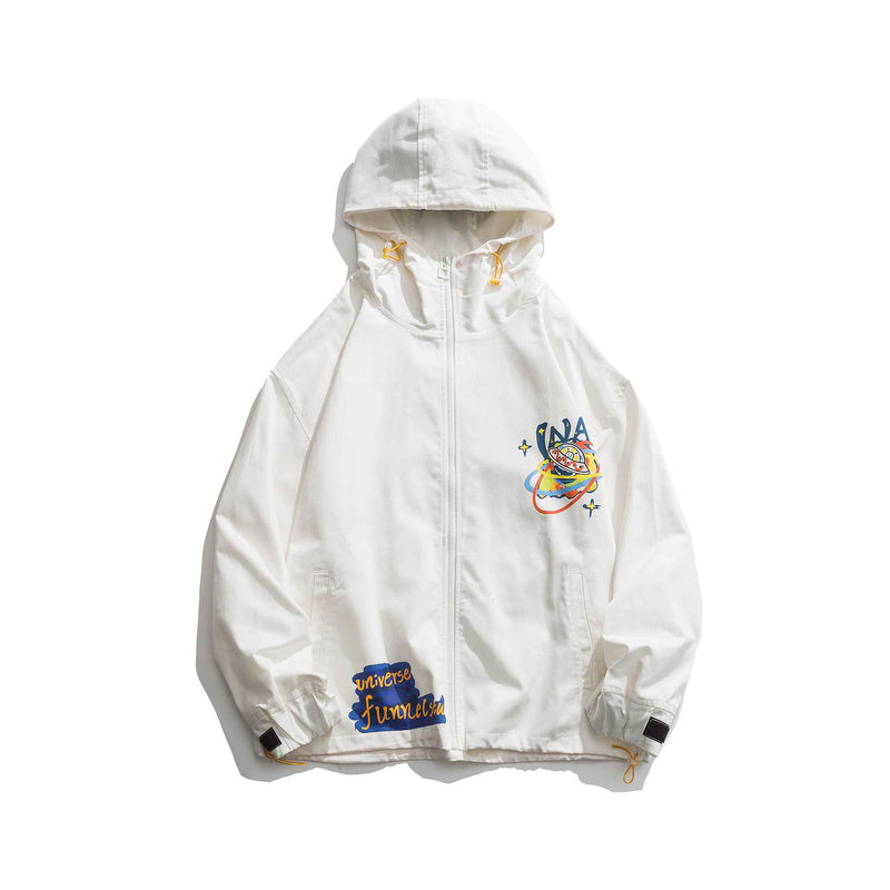 Men's Spring Creative Printing Jacket Men's plus Size Retro Sports Hooded White Top Student Men Coat