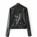 Women's Leather Jacket with Patches Fall Lapels Leather Jacket Rivet Embroidered Motorcycle Leather Coat for Women
