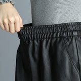 Leather Shorts Autumn Women Elastic Waist Autumn and Winter Wide-Leg Pants PU Leather Pants