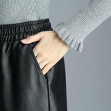 Leather Shorts Autumn Women Elastic Waist Autumn and Winter Wide-Leg Pants PU Leather Pants