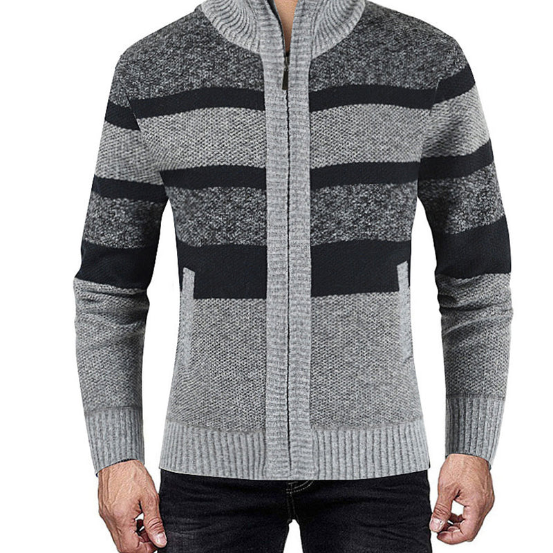 Men Cardigan Sweater Fall Winter Men Sweater Long Sleeve Cardigan Velvet Stand Collar Color Matching Casual Sweater Sweater