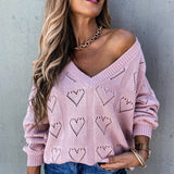 Valentine's Day Outfits Valentine's Day Autumn and Winter Amazon New Pullover Solid Color and V-neck Heart-Shaped Hollow Loose Knitted Love Sweater for Women