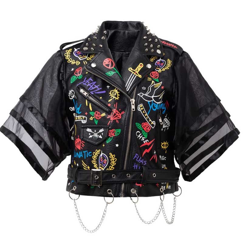Azalea Wang Graffiti Moto Jacket Leather Women's Summer Motorcycle Jacket Yarn Woven Half Sleeve Slim-Fit Leather Coat