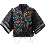 Azalea Wang Graffiti Moto Jacket Leather Women's Summer Motorcycle Jacket Yarn Woven Half Sleeve Slim-Fit Leather Coat