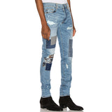 Men Distressed Jeans Man Ripped Jean Destructed Denim Pants Men Patchwork Jeans Men's Stitching Stretch Slim Fit Ankle Tight Trousers