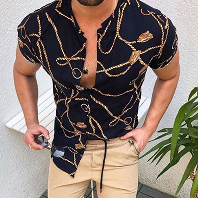 Men's Clothing Retro Sports Slim Stand Collar Printed Shirt plus Size Fashion Casual Short Sleeve Men Shirt
